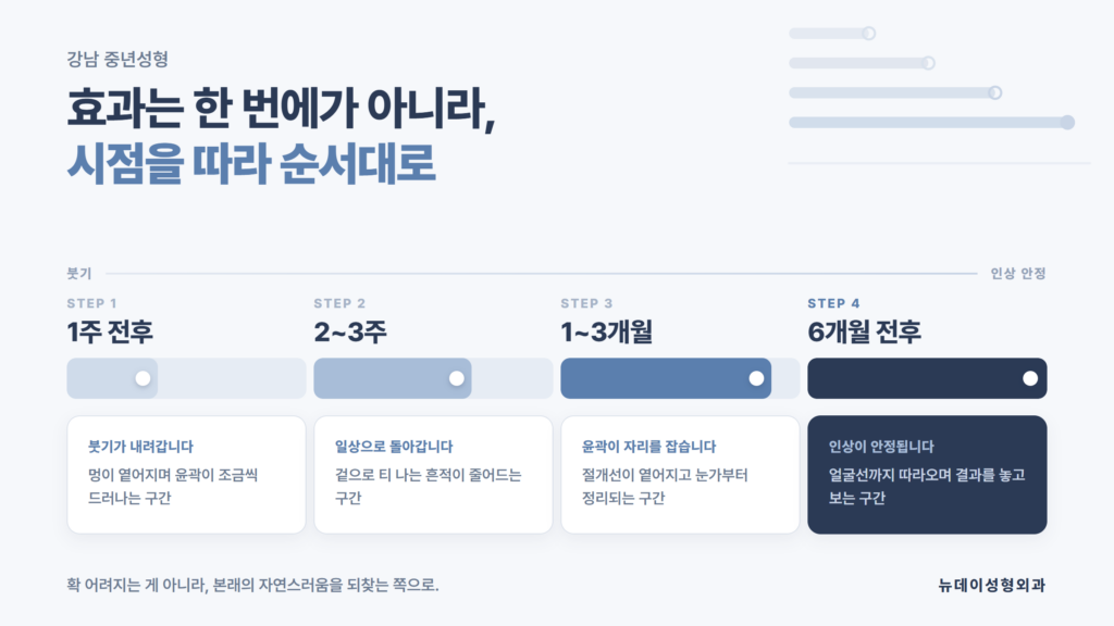 강남 중년성형 후 1주·2~3주·1~3개월·6개월 시점별 인상 변화 진행도를 정리한 뉴데이성형외과 자료 이미지