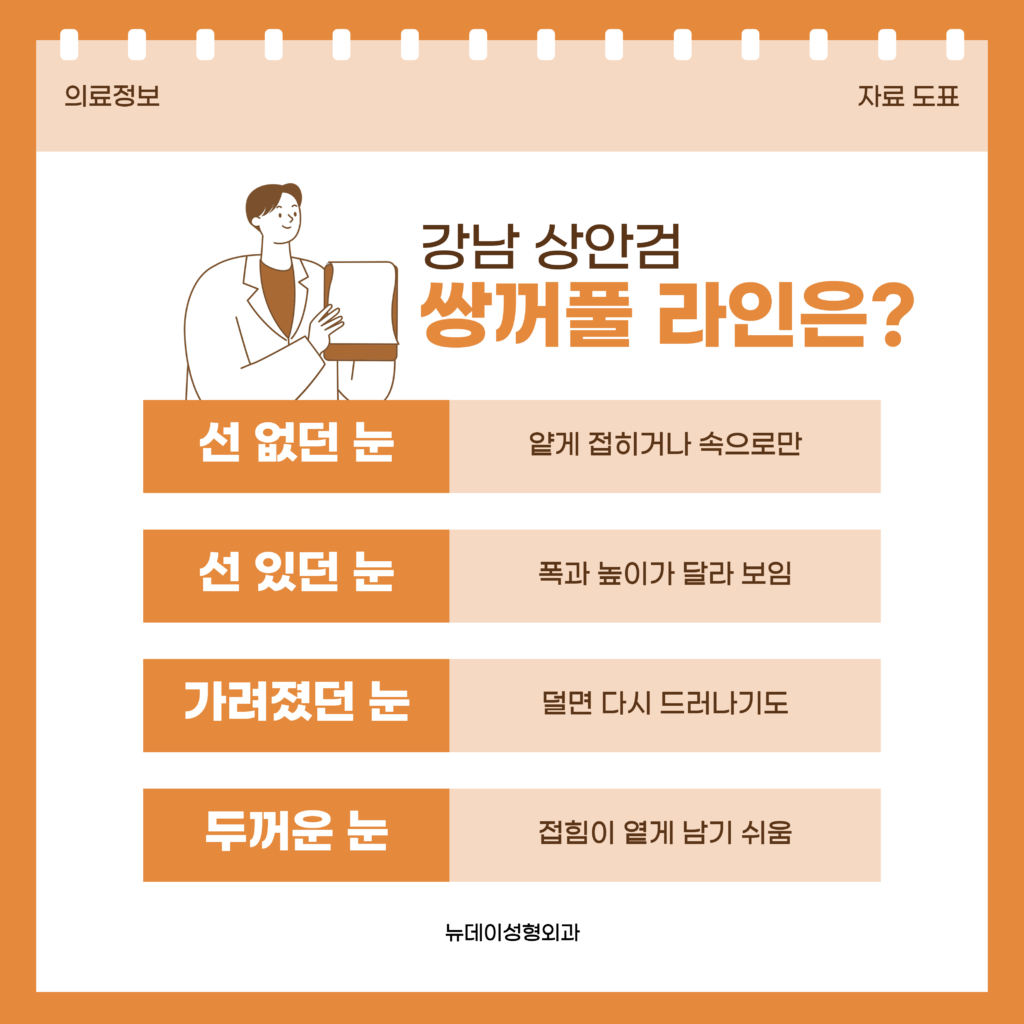 강남 상안검 뒤에 선이 새로 잡히는 눈, 있던 선이 달라 보이는 눈, 선을 얕게 두는 눈으로 갈라 정리한 뉴데이성형외과 자료 이미지